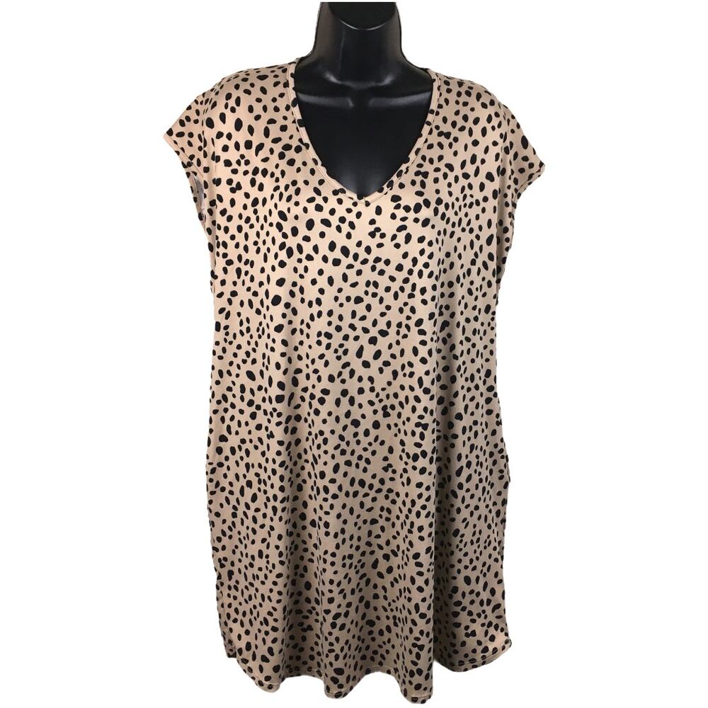 Vanilla Bay Tunic Dress‎ Animal Print V-Neck Spots Tan Black Pockets Women's L